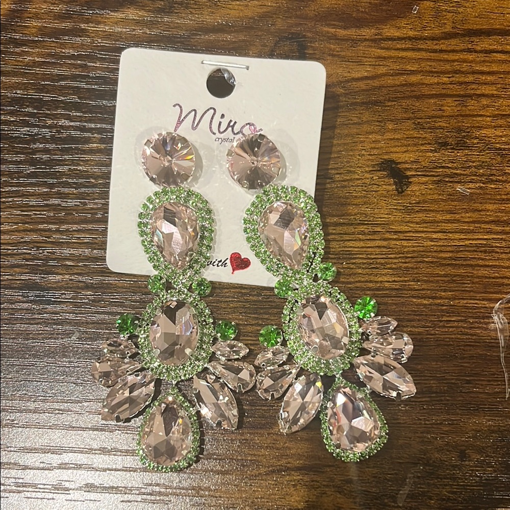 Crystal Pink and Green Statement Earrings